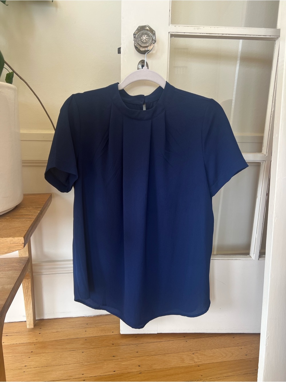 Classic Blue Short-Sleeve Pleat Front Blouse with Gold Back Buttons